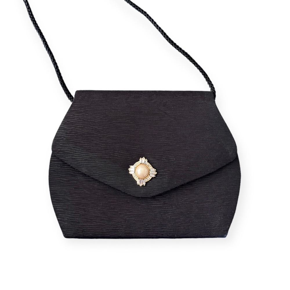 Vintage 80s / 90s Black Pearl & Crystal Embellished Evening / Cocktail Bag